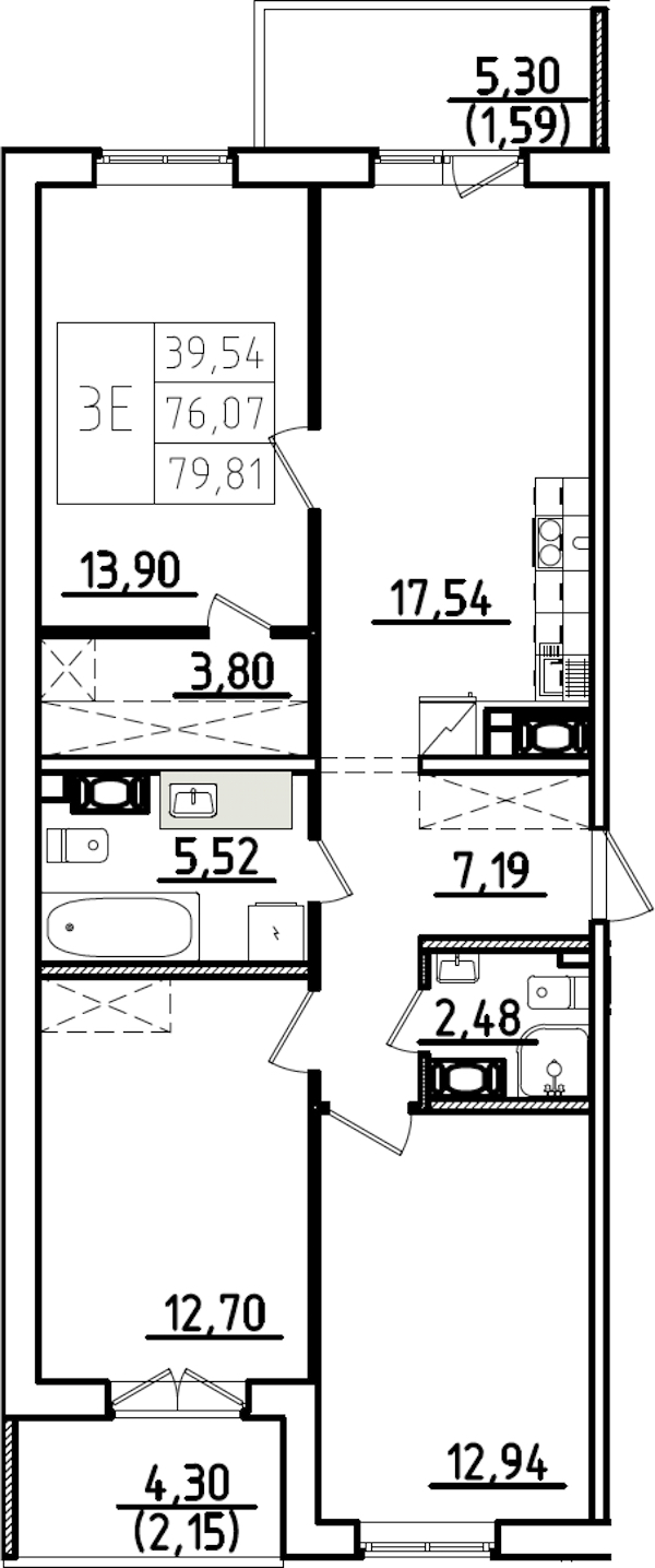 3-комнатная квартира 85.67 м², 8/9 эт., ЖК «IQ Гатчина 3»